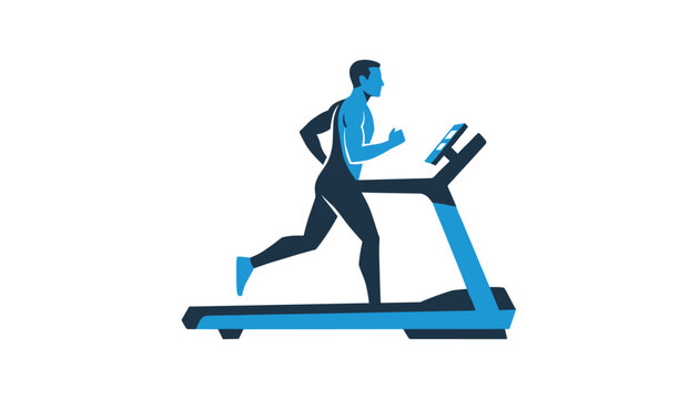 Side view illustration of a determined man jogging on a modern digital treadmill in blue and dark grey tones.
