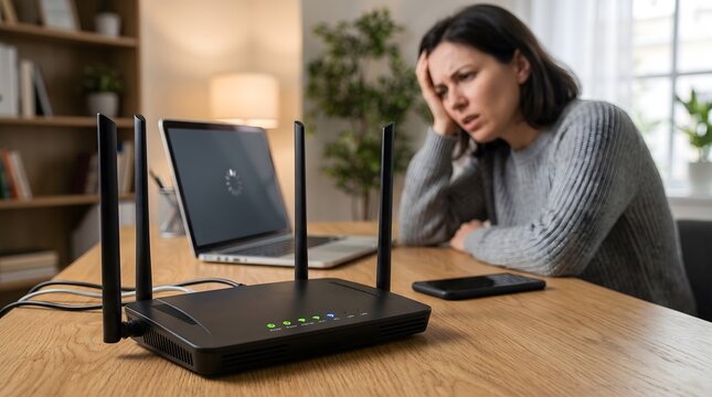 Frustrated woman waiting for internet connection with wireless router and laptop at home