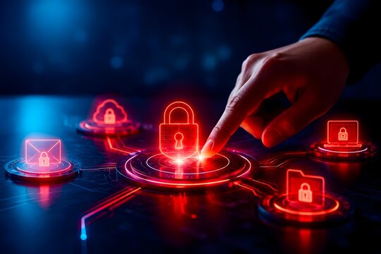 Hand activating glowing red cyber security shield integrating digital devices and cloud storage for data protection