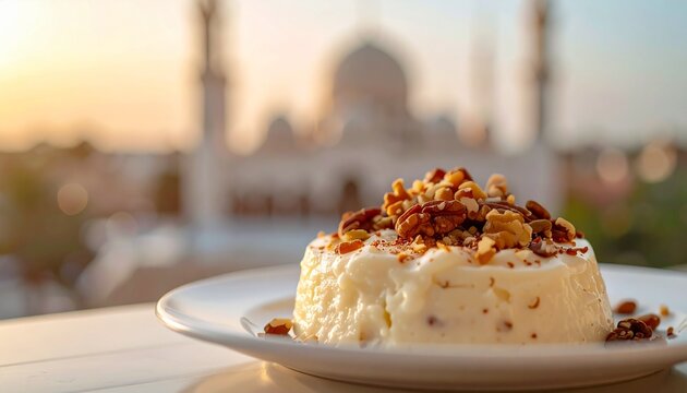 Arabic bread pudding with nuts and cream with mosque in background