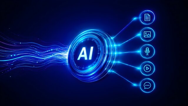 Generative artificial intelligence transforming digital data streams into text, image, audio, and video multimedia content