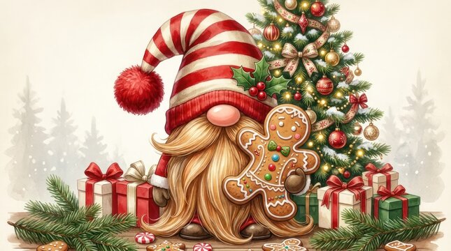 Festive Christmas Gnome with Gingerbread Cookies and Tree on White Background High quality commercial stock illustration in a warm hand-painted watercolor style