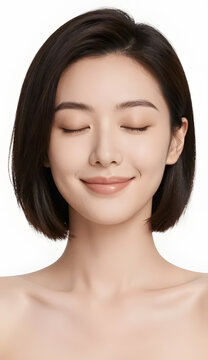 Close portrait of a doll-face Asian woman with double eyelids, elegant French bob haircut, soft warm beige makeup, eyes gently closed, peaceful subtle smile, luminous skin with refined natural texture