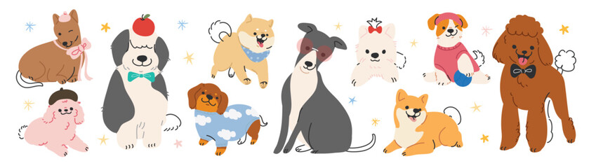 Fototapeta na wymiar Cute dog sticker vector. Lovely dog doodle pattern in different poses and breeds. Adorable funny pet and many characters hand drawn collection for T-shirt, sticker, print, pet shop.