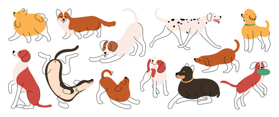 Plakat Cute dog sticker vector. Lovely dog doodle pattern in different poses and breeds. Adorable funny pet and many characters hand drawn collection for T-shirt, sticker, print, pet shop.