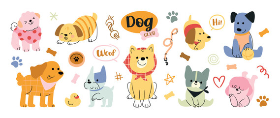 Obraz premium Cute dog sticker vector. Lovely dog doodle pattern in different poses and breeds. Adorable funny pet and many characters hand drawn collection for T-shirt, sticker, print, pet shop.