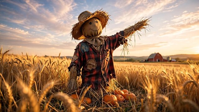 Scarecrow standing in a harvest wheat field at golden hour with scarecrow