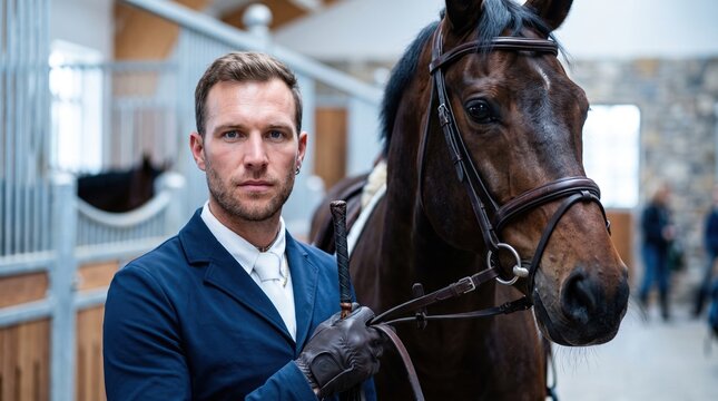 A professional equestrian man standing with his horse in a stable for World Animal Day