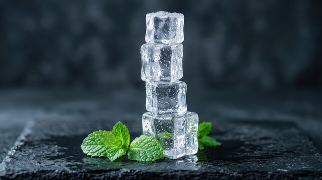 Stack of four clear ice cubes with fresh mint leaves on dark stone