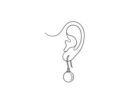 Minimalist line art illustration of a human ear wearing a dangling ball earring with accessory