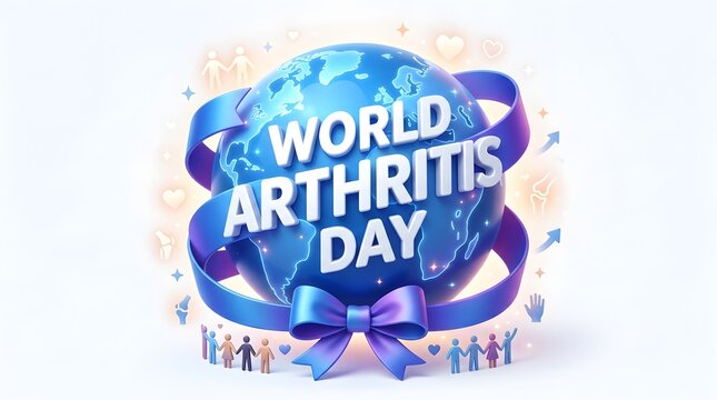 World arthritis day concept banner with blue globe and ribbon