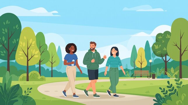 Three diverse friends walking together on a path in a sunny green park landscape illustration