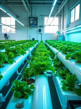 Modern indoor hydroponic farming system with rows of green leafy vegetables under LED grow lights