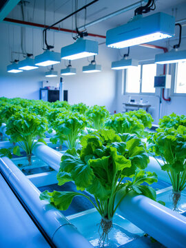 Modern indoor hydroponic farming system with rows of green leafy vegetables under LED grow lights