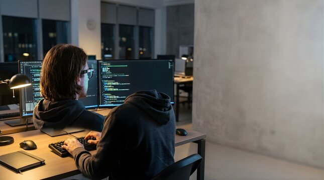 Software developer writing code on multiple monitors in a dark office