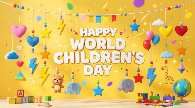 Happy world childrens day banner with toys and colorful decorations