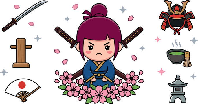 Cute Japanese Samurai Girl Ninja Character Set with Katana Sword, Cherry Blossom, Helmet, Matcha Tea, and Culture Icons