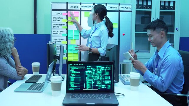 programmers brainstorming secure data storage and network systems working in website a software and coding technology.