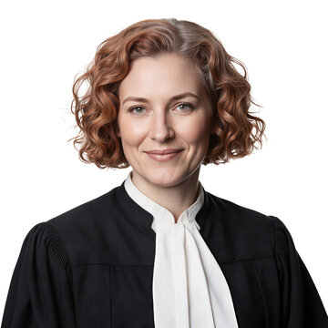 Judge lawyer portrait of a professional woman wearing legal robes isolated on a transparent background for court and law concepts