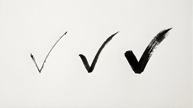 Three hand drawn black ink check marks isolated on a white background