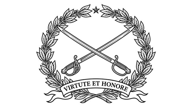 Vintage military crest vector illustration with crossed swords and laurel wreath
