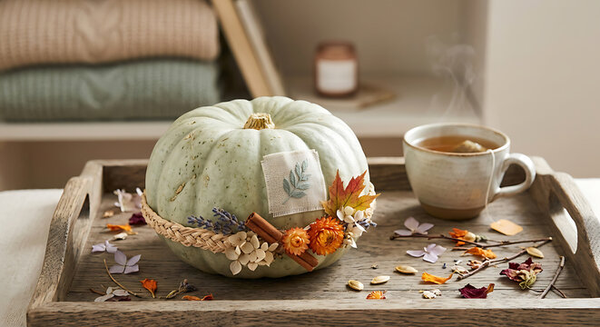 Cozy Autumn Pumpkin Centerpiece with Flowers, Cinnamon and Warm Tea