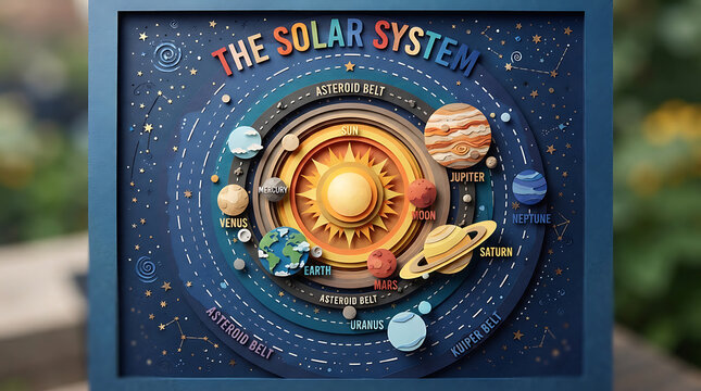 Framed papercraft model of the solar system with planets orbiting around the sun