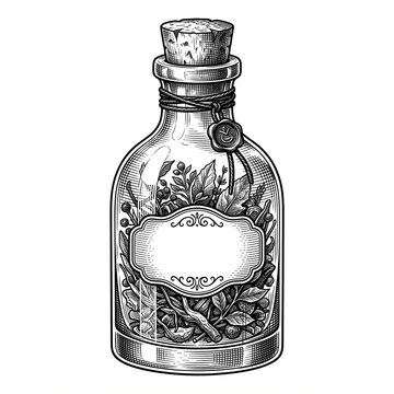 Vintage apothecary glass bottle with healing herbs and blank label in engraving style