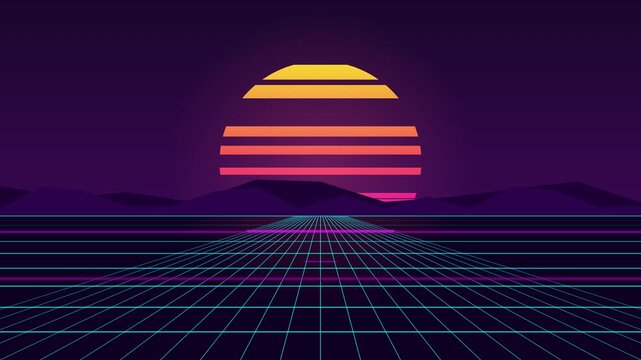 Retrowave grid landscape animation with glowing sunset and mountains