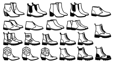 Obraz premium Diverse collection of winter and fashion boots including chelsea boots desert boots combat boots and western style footwear in black and white line art for seasonal retail and fashion design projects