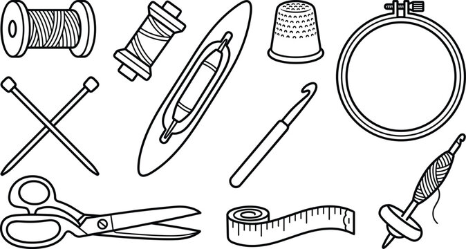Sewing and Needlework Craft Line Element Set with Thread Spool Embroidery Hoop Knitting Needles Crochet Hook Drop Spindle Tatting Shuttle and Tailor Scissors