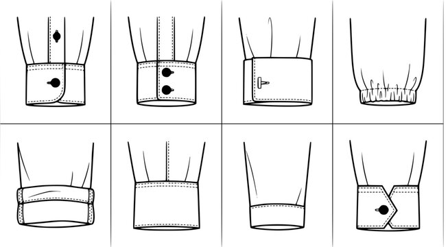 Set of shirt cuff styles and sleeve endings for fashion design and apparel manufacturing technical specification sketches flat vector illustrations of buttoned and gathered cuff constructions