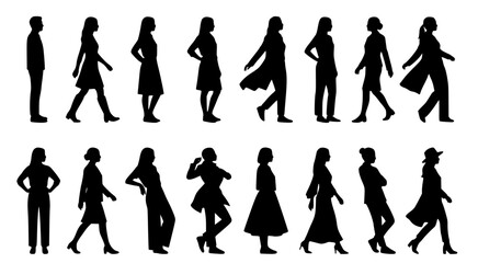 Fototapeta premium Full body human silhouettes collection representing diverse standing and walking poses in a clean black and white vector style for fashion runway planning and architectural visualization layouts