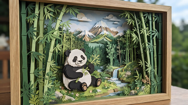 Wooden framed papercraft artwork featuring a giant panda in a dense bamboo