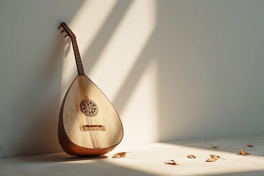 Lute leaning against a wall with leaves in warm light, creating a peaceful and artistic scene.