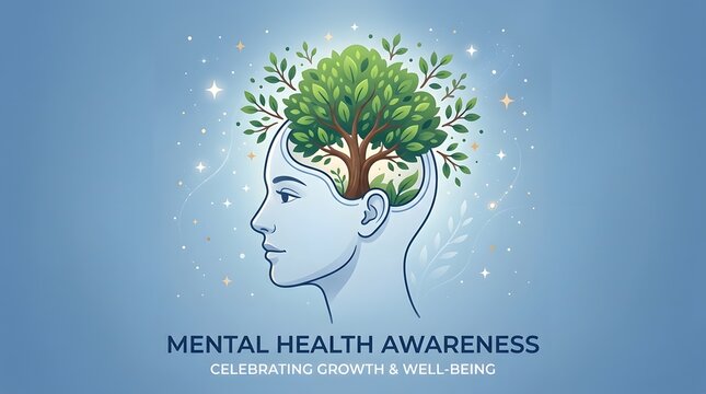 Mental health awareness concept with human head profile and growing tree illustration
