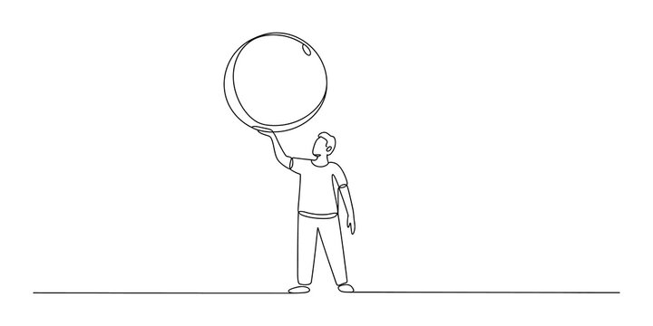 Man balancing a large circle on his hand continuous line drawing