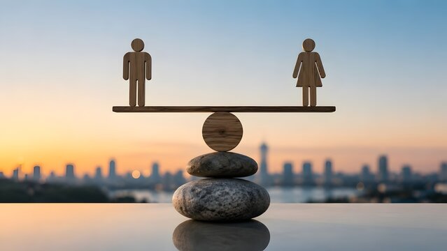 Concept of gender equality showing wooden male and female figures balanced on a seesaw made of stones with a city skyline at sunset.