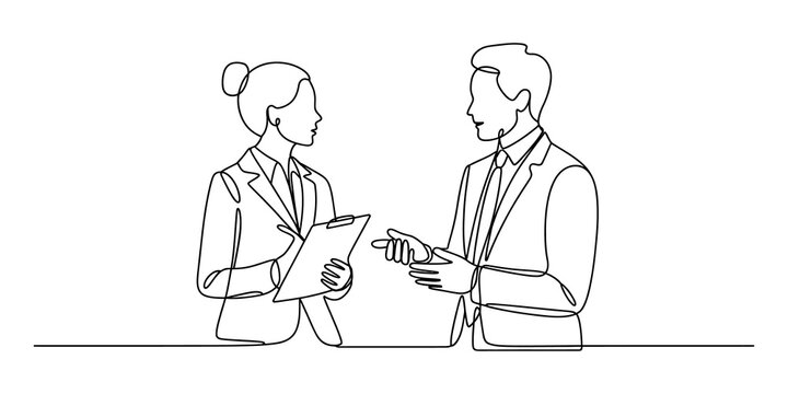 continuous line drawing Business man and woman talking and holding a document in a professional meeting