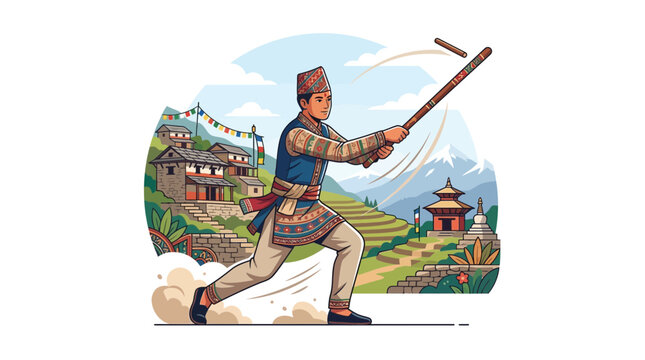 Traditional Nepali Man with Khukuri Sword