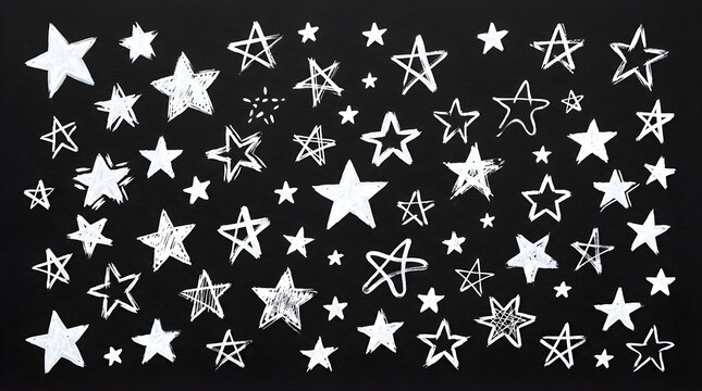 White hand drawn stars pattern on a black chalkboard background