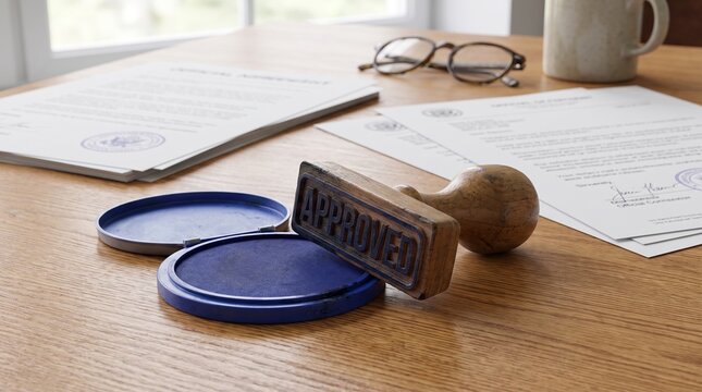 Wooden Approved Stamp on an Office Desk with Documents
