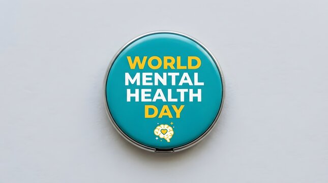 World Mental Health Day badge pin on a plain grey background for awareness campaign.