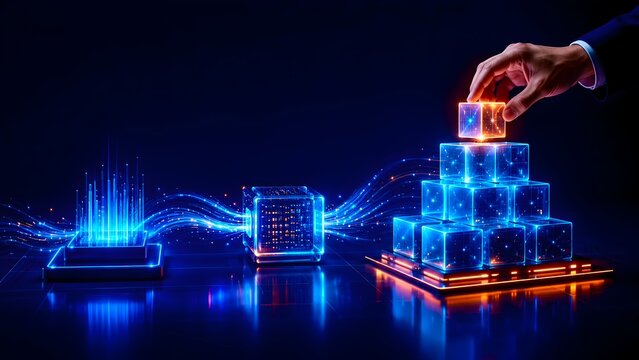 Hand Assembling Glowing Digital Cubes Representing Innovative Corporate IT Infrastructure Strategy