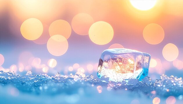 まばゆい夕陽が氷の内部を金色に透かす瞬間、青い雪面と黄金色の丸光が対比を描く静物写真
