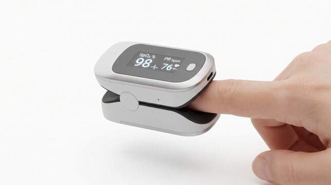 Hand holding wireless pulse oximeter checking oxygen levels. Portable fingertip SpO2 monitor measuring blood oxygen saturation and heart rate.