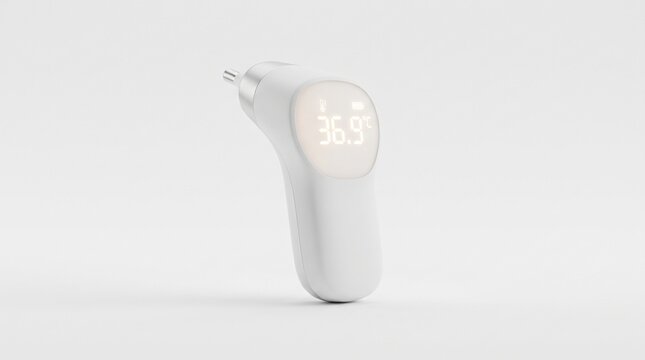 Modern digital smart thermometer displaying temperature. Minimalist white medical device for health monitoring and fever detection.