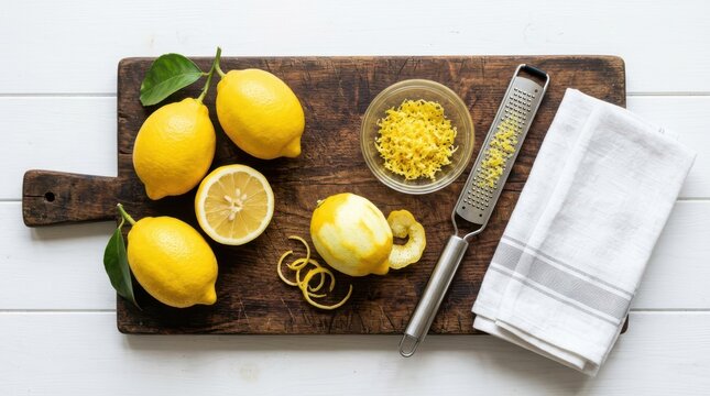 Fresh lemons, lemon zest in a bowl, a grater, and a white kitchen towel on a wooden cutting board