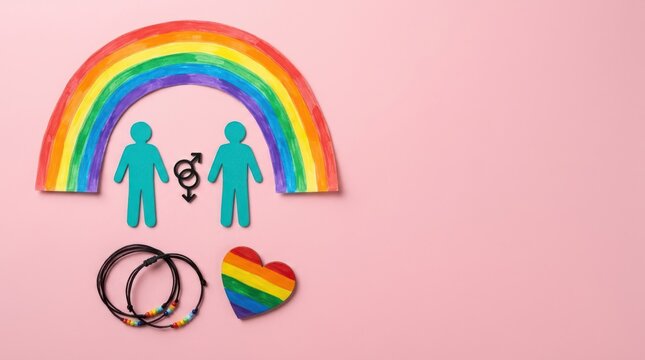 Lgbtq pride month concept with rainbow arch, paper cutouts of two men, male gender symbols, bracelets, and a heart
