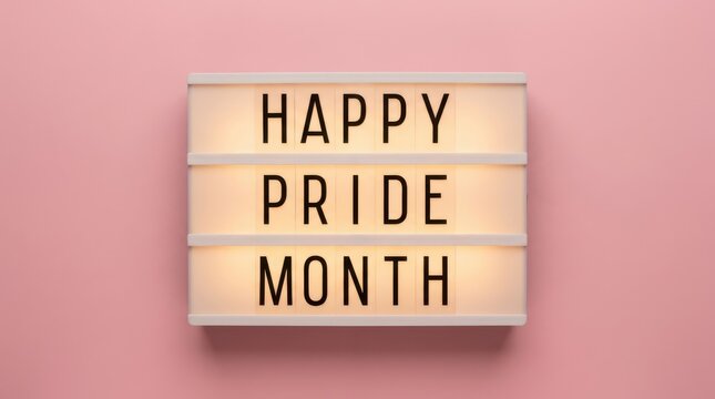 Light box with the text happy pride month on a pink background
